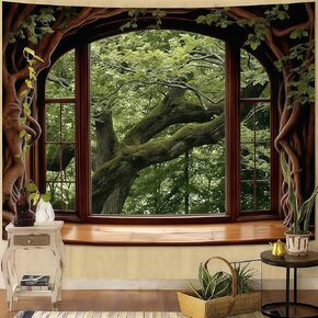 Esoes Window Forest Tapestry 80 x 60 Inch Large Green Plant Nature Floral Jungle Wall Tapestry for Bedroom Living Room Rainforest Stream Outdoor Landscape Tapestries Wall Hanging (castle) in Saudi Arabia