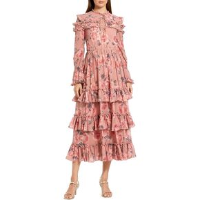 Mac Duggal Long Sleeve Lace Up Front Tiered Ruffle Dress in Saudi Arabia