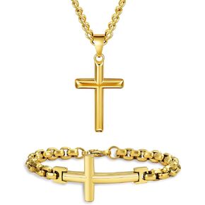 Cross Necklace and Bracelet Set for Men Women Stainless Steel Chain with Cross Pendant Beveled Edge Gold Crucifix Necklace Religion Jewelry Gifts for Him in Saudi Arabia