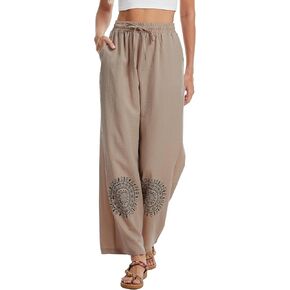 Demoking Cotton Linen Pants Women Straight Leg Casual Loose Drawstring Hippie Beach Vacation Clothes in Saudi Arabia