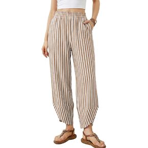 Athlisan Women's Wide Leg Striped Palazzo Pants Elastic Waist Baggy Casual Lounge Trousers with Pockets(Brown-XL) in Kuwait