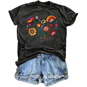 Mexican Shirts for Women Mexico Fiesta Party Blouse Boho Flower Folklore Floral Heritage Tee Tops in Saudi Arabia