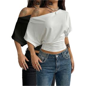 SHENHE Women's 2 Pack Off The Shoulder Dolman Sleeve Bat Wing Top Cinched Waist Crop Tee Shirt in Kuwait