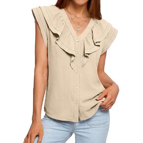 BerryGo Women's Summer Ruffle Button Down Tops Casual Dressy V Neck Blouse Trendy Fashion Cap Sleeve Shirt for Work Vacation in Saudi Arabia
