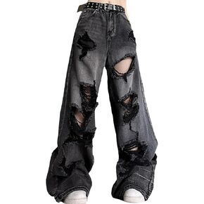 Women's Retro Casual Pants American y2k Sweet Cool Street Style Black Loose Wide Leg Straight Leg Ripped Jeans in Kuwait