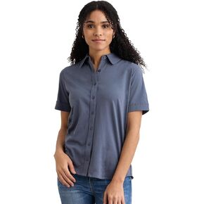 Fair Indigo Women's 100% Organic Pima Cotton Short Sleeve Knit Button Down Shirt in Saudi Arabia