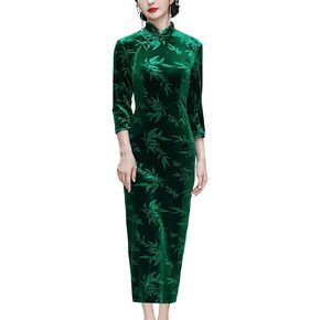StarDY Women's Velvet Long Cheongsam Dress Bamboo Leaf Patterned Mandarin Collar Maxi Dress Traditional Chinese Qipao (Dark Green, L) in Saudi Arabia