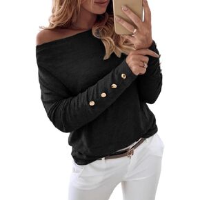 CHICME Women's Off Shoulder Top Loose Fit Long Sleeve T-Shirt Gold Button Casual Blouse for Going Out Date Vacation 2026 in Saudi Arabia