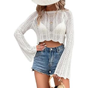 Women's Crochet Knit Bell Sleeve Crop Top – Boho Hollow Out Long Sleeve Pullover Blouse in Saudi Arabia