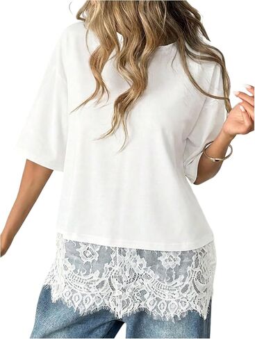 BEAUDRM Women's Casual Lace Top Oversized Basic Tees Short Sleeve T Shirt Summer Going Out Tops in Kuwait