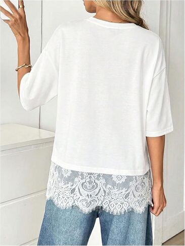 BEAUDRM Women's Casual Lace Top Oversized Basic Tees Short Sleeve T Shirt Summer Going Out Tops in Kuwait