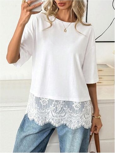 BEAUDRM Women's Casual Lace Top Oversized Basic Tees Short Sleeve T Shirt Summer Going Out Tops in Kuwait