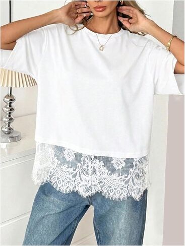 BEAUDRM Women's Casual Lace Top Oversized Basic Tees Short Sleeve T Shirt Summer Going Out Tops in Kuwait