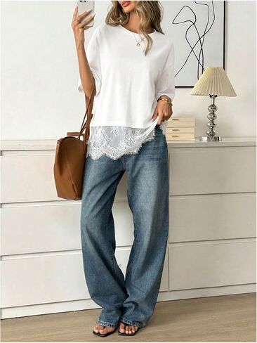 BEAUDRM Women's Casual Lace Top Oversized Basic Tees Short Sleeve T Shirt Summer Going Out Tops in Kuwait