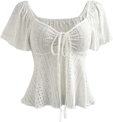 BEAUDRM Women's Eyelet Embroidery Peplum Top Bow Tie Front Sweetheart Neck Short Sleeve Ruffle Shirts in Saudi Arabia