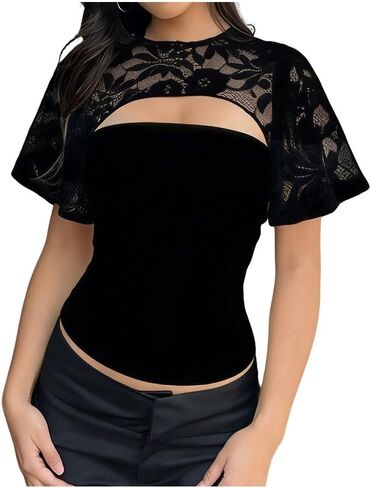 Women Hollow Out Front Sheer Lace Panel Bell Short Sleeve Crop Tee Shirt Crew Neck Cinched Waist Ruched Crop Top in Saudi Arabia