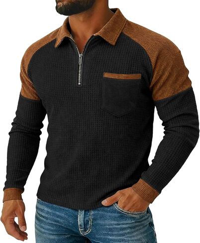Mens Waffle Shirts Patch Corduroy Quarter Zip Pullover Mock Neck Shirt Casual Tops Fitted Tshirts Long Sleeve Tees in Saudi Arabia