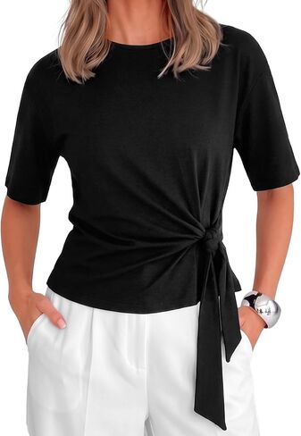 HAWILAND Women Short Sleeve Tie Waist Tshirt Top Summer Crew Neck Dressy Casual Tee T Shirts in Saudi Arabia