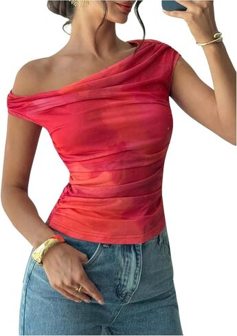 MakeMeChic Women's Off The Shoulder Tops Floral Ruched Cap Sleeve Fitted Dressy Summer Shirt in Kuwait