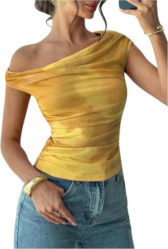 MakeMeChic Women's Off The Shoulder Tops Floral Ruched Cap Sleeve Fitted Dressy Summer Shirt in Kuwait