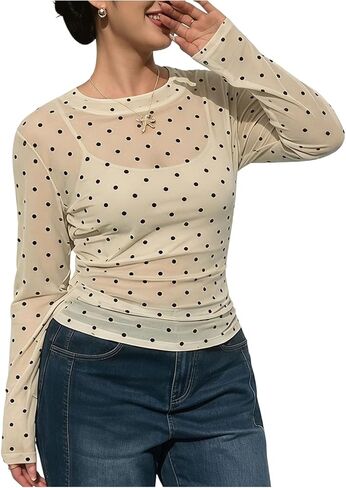 SOLY HUX Women's Plus Size Polka Dots Mesh Sheer T Shirt Long Sleeve Crew Neck Tee Going Out Tops in Kuwait