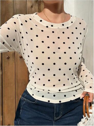 SOLY HUX Women's Plus Size Polka Dots Mesh Sheer T Shirt Long Sleeve Crew Neck Tee Going Out Tops in Kuwait