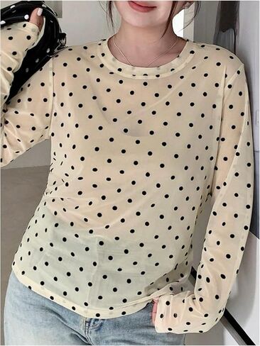 SOLY HUX Women's Plus Size Polka Dots Mesh Sheer T Shirt Long Sleeve Crew Neck Tee Going Out Tops in Kuwait