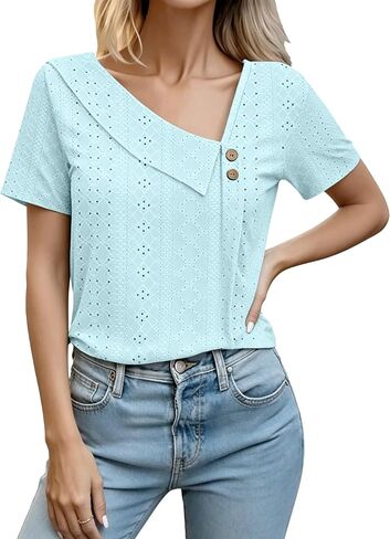 Sixstar Women's Mesh See Through Hole Summer T-Shirt Lightweight Lace Knit Top with Casual Asymmetrical Blouses in Saudi Arabia