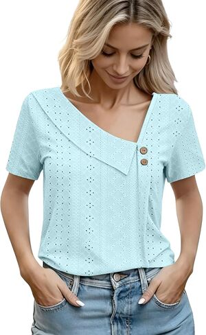 Sixstar Women's Mesh See Through Hole Summer T-Shirt Lightweight Lace Knit Top with Casual Asymmetrical Blouses in Saudi Arabia