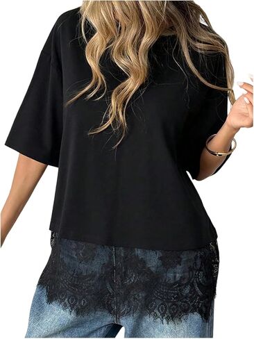 BEAUDRM Women's Casual Lace Top Oversized Basic Tees Short Sleeve T Shirt Summer Going Out Tops in Saudi Arabia