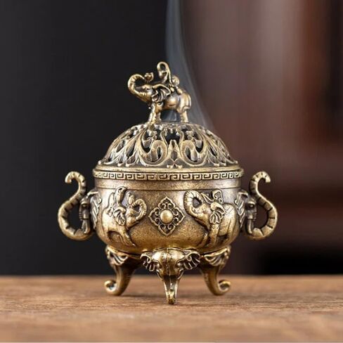Lucky Elephant Incense Burner with Lid Vintage Metal Incense Holder Decorative Incense Bowl Antique Style Aromatherapy Burner with Ash Catcher for Home Decor Relaxation Space Use in Kuwait