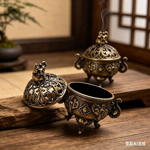 Lucky Elephant Incense Burner with Lid Vintage Metal Incense Holder Decorative Incense Bowl Antique Style Aromatherapy Burner with Ash Catcher for Home Decor Relaxation Space Use in Kuwait