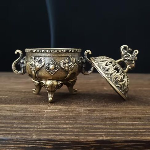 Lucky Elephant Incense Burner with Lid Vintage Metal Incense Holder Decorative Incense Bowl Antique Style Aromatherapy Burner with Ash Catcher for Home Decor Relaxation Space Use in Kuwait