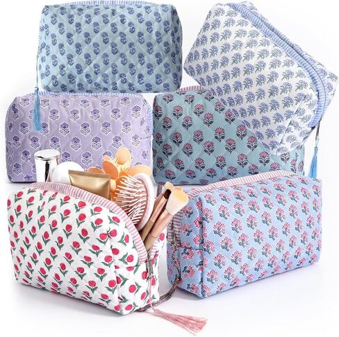 Kacctyen 6 Pcs Cotton Quilted Block Print Makeup & Toiletry Bag with Tassel Flower Aesthetic Essential Pouch Emergency Travel Toiletry Bridesmaid Gifts Makeup Bag for Women in Kuwait