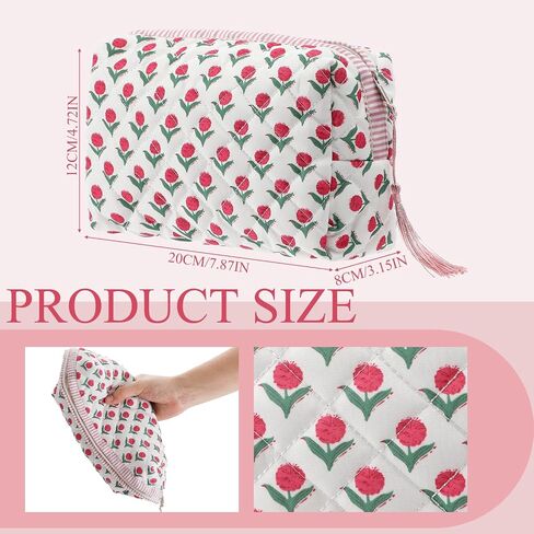 Kacctyen 6 Pcs Cotton Quilted Block Print Makeup & Toiletry Bag with Tassel Flower Aesthetic Essential Pouch Emergency Travel Toiletry Bridesmaid Gifts Makeup Bag for Women in Kuwait