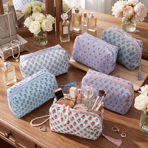 Kacctyen 6 Pcs Cotton Quilted Block Print Makeup & Toiletry Bag with Tassel Flower Aesthetic Essential Pouch Emergency Travel Toiletry Bridesmaid Gifts Makeup Bag for Women in Kuwait