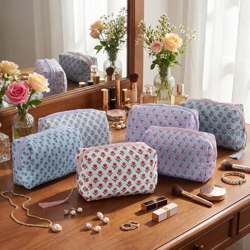 Kacctyen 6 Pcs Cotton Quilted Block Print Makeup & Toiletry Bag with Tassel Flower Aesthetic Essential Pouch Emergency Travel Toiletry Bridesmaid Gifts Makeup Bag for Women in Kuwait