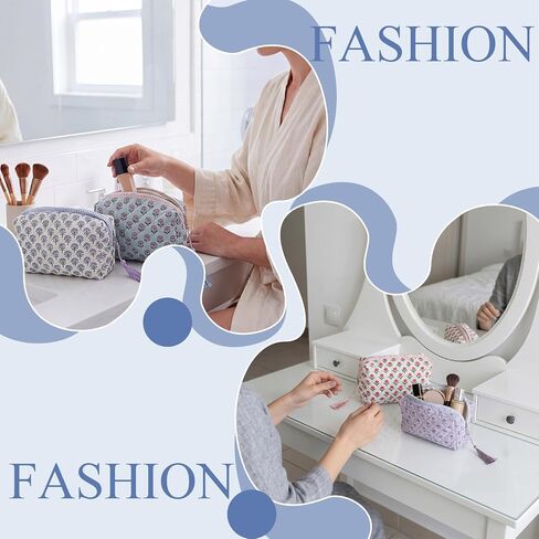 Kacctyen 6 Pcs Cotton Quilted Block Print Makeup & Toiletry Bag with Tassel Flower Aesthetic Essential Pouch Emergency Travel Toiletry Bridesmaid Gifts Makeup Bag for Women in Kuwait