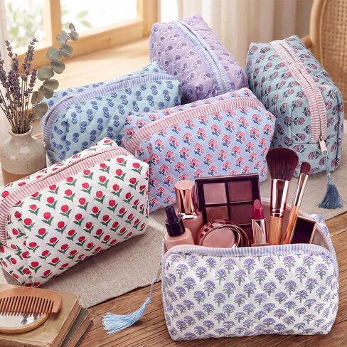 Kacctyen 6 Pcs Cotton Quilted Block Print Makeup & Toiletry Bag with Tassel Flower Aesthetic Essential Pouch Emergency Travel Toiletry Bridesmaid Gifts Makeup Bag for Women in Kuwait