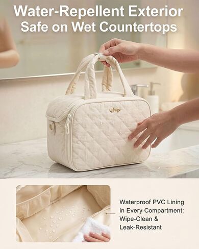 VPBAGE Large Quilted Toiletry Bag for Women, Puffy Travel Makeup Organizer with Removable Divider & Shoulder Strap, Waterproof Standing Cosmetic Case for Full-Size Toiletries, Gym, Vacation in Saudi Arabia