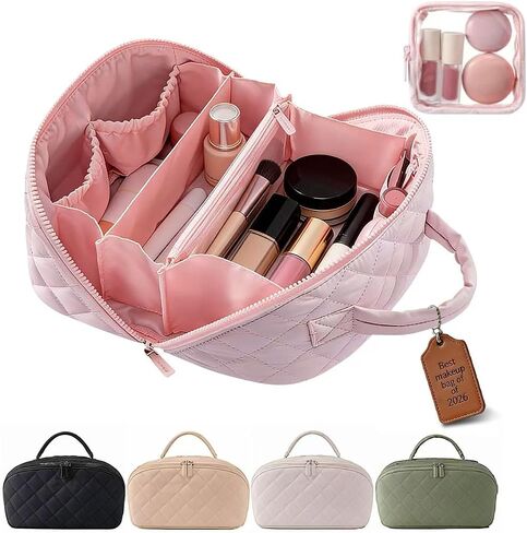Travel Makeup Bag Toiletry Bags for Women Small Cute Brush Quilted Skincare Organizer Set My Parallel Toiletries Cosmetic Puffer Fold down Traveling Organizers Mini Purse Skin Care Lay Flat in Saudi Arabia