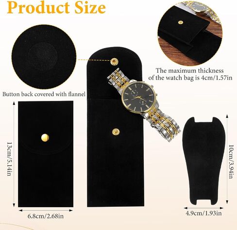 12Pcs Velvet Watch Pouch – Portable Fleece Watch Travel Case, Single Storage Bag with Snap Button & Pre-Cut Gaskets, Soft Jewelry Organizer for Men Women, Black in Saudi Arabia