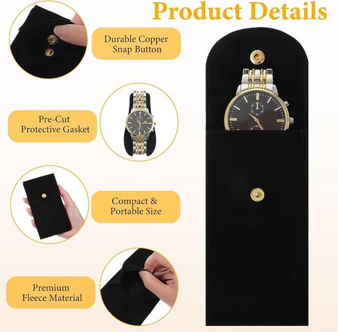 12Pcs Velvet Watch Pouch – Portable Fleece Watch Travel Case, Single Storage Bag with Snap Button & Pre-Cut Gaskets, Soft Jewelry Organizer for Men Women, Black in Saudi Arabia