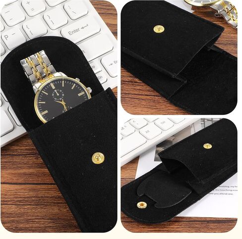 12Pcs Velvet Watch Pouch – Portable Fleece Watch Travel Case, Single Storage Bag with Snap Button & Pre-Cut Gaskets, Soft Jewelry Organizer for Men Women, Black in Saudi Arabia