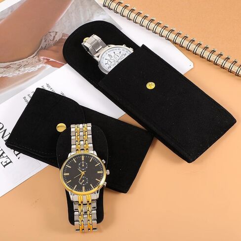 12Pcs Velvet Watch Pouch – Portable Fleece Watch Travel Case, Single Storage Bag with Snap Button & Pre-Cut Gaskets, Soft Jewelry Organizer for Men Women, Black in Saudi Arabia