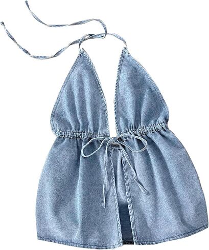 Remidoo Women's Denim Halter Top Self Tie Peplum Jean Sleeveless Crop Tank Tops in Saudi Arabia