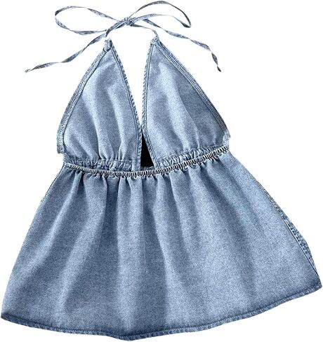 Remidoo Women's Denim Halter Top Self Tie Peplum Jean Sleeveless Crop Tank Tops in Saudi Arabia