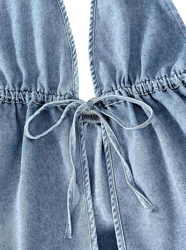 Remidoo Women's Denim Halter Top Self Tie Peplum Jean Sleeveless Crop Tank Tops in Saudi Arabia