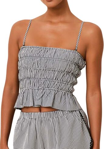 Tsher Womens Gingham Plaid Ruffle Hem Crop Cami Top with Removable and Adjustable Spaghetti Straps Summer Strapless Tube Top in Saudi Arabia