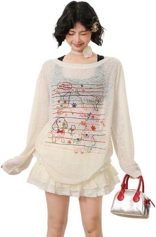 Womens Oversized Mesh Sheer Long Sleeve Tees Y2K Cartoon Pattern Off The Shoulder Tops in Saudi Arabia